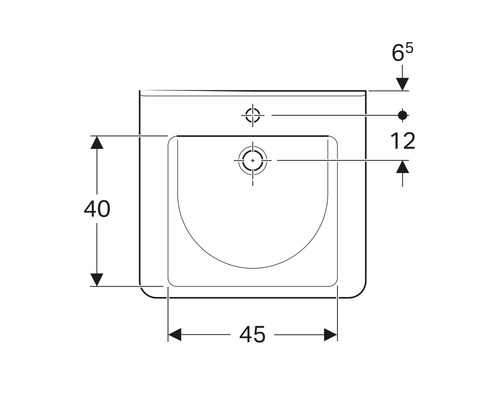 Technische Zeichnung eines Waschbeckens mit Maßangaben