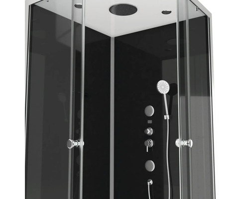 Duschkabine mit Brausekopf, Armaturen und Glasschiebetüren