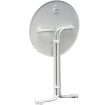 Rückansicht eines runden, weißen Klapptisches mit Stahlgestell