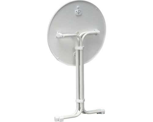 Rückansicht eines runden, weißen Klapptisches mit Stahlgestell