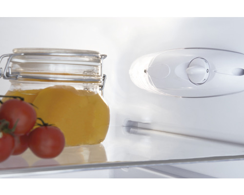Glas mit Lebensmitteln und Tomaten im Kühlschrank