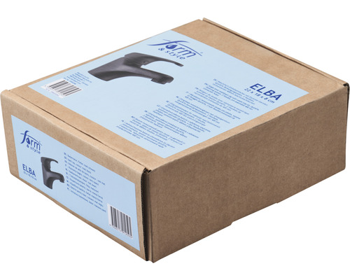 Verpackung einer schwarzen Armatur ELBA von Form und Stil, 22 mal 18 mal 8 Zentimeter