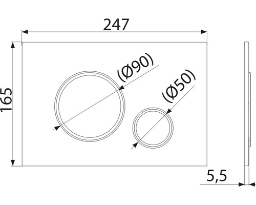 Technische Zeichnung einer Betätigungsplatte mit Maßen.