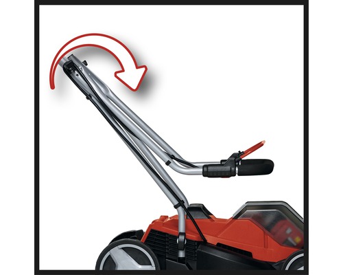 Klappbarer Führungsholm eines Rasenmähers mit rotem Pfeil