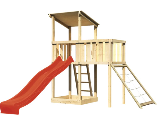 Holzspielturm mit Rutsche, Leiter und Kletternetz