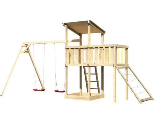 Spielturm mit Schaukel, Leiter und Kletternetz aus Holz