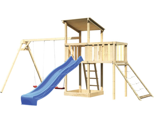 Spielturm mit Schaukel und Rutsche aus Holz