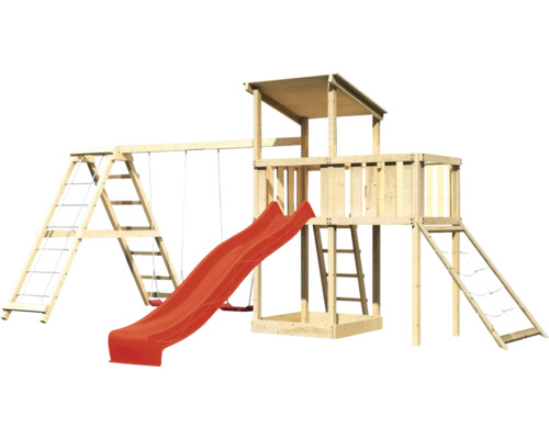 Spielplatz aus Holz mit Schaukel, Rutsche und Klettergerüst