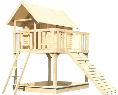 Holzspielhaus mit Sandkasten, Leiter und Kletterrampe für den Garten
