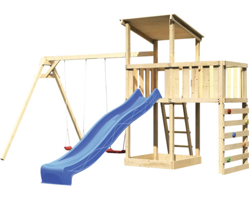 Spielturm aus Holz mit Schaukel und Rutsche