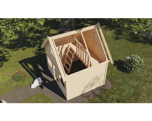 Dachansicht eines Holzspielhauses mit Leiter im Garten