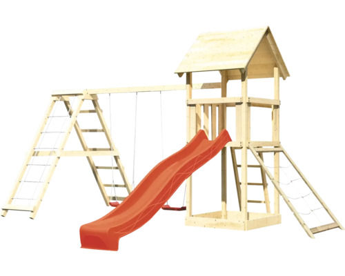 Spielturm mit Rutsche und Schaukel aus Holz