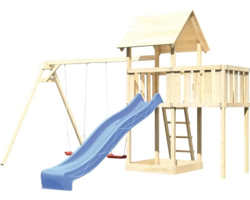 Spielturm mit Rutsche und Schaukel aus Holz