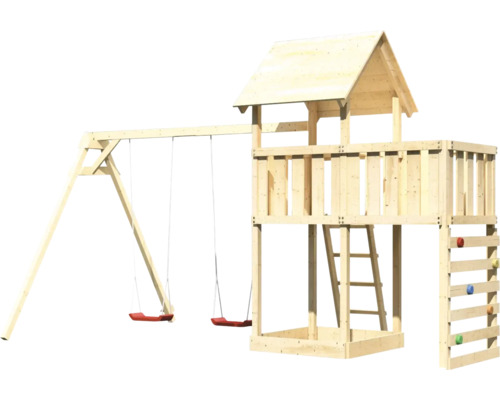 Spielturm aus Holz mit Schaukel, Leiter und Kletterwand