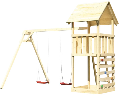 Holzspielturm mit zwei Schaukeln und Kletterwand für den Garten