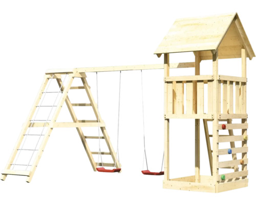 Spielturm aus Holz mit Schaukel, Kletterwand und Strickleiter