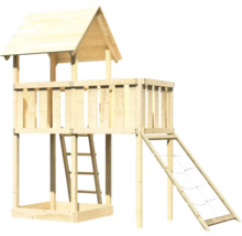 Spielturm aus Holz mit Leiter und Kletternetz