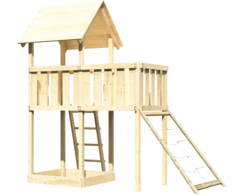 Spielturm aus Holz mit Leiter und Kletternetz