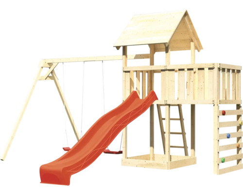 Spielturm aus Holz mit Schaukel und Rutsche für den Garten