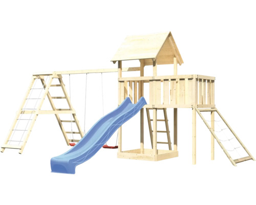 Spielturm aus Holz mit Rutsche, Schaukel und Kletterleiter