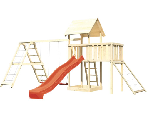 Spielturm aus Holz mit Schaukel, Rutsche und Kletterwand