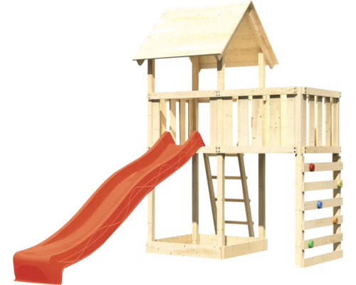 Spielturm mit Rutsche, Leiter und Kletterwand aus Holz