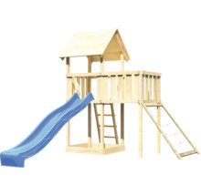 Spielturm Spielhaus Karibu Lotti 107 x 107 cm Holz bestehend aus Rutsche, Anbau, Netzrampe, blau