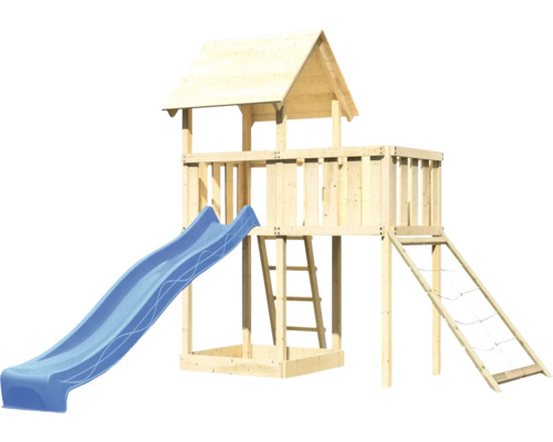 Spielturm aus Holz mit Rutsche und Kletternetz