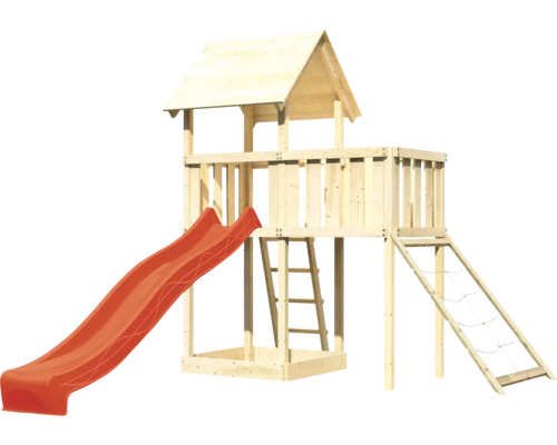 Spielturm aus Holz mit Rutsche, Leiter und Kletternetz