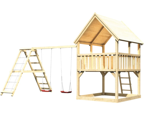 Spielturm aus Holz mit Schaukel und Kletterleiter