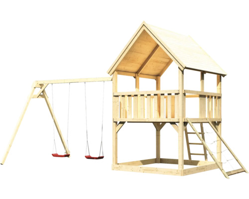 Holzspielhaus mit Schaukel und Kletterleiter