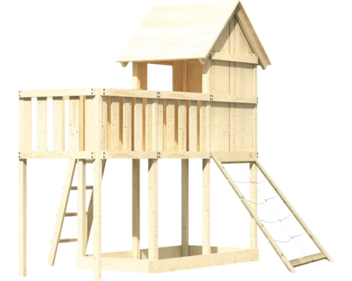 Spielturm aus Holz mit Leiter und Kletternetz