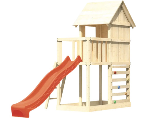Spielturm aus Holz mit Rutsche und Kletterwand