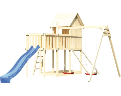 Spielturm aus Holz mit Rutsche und Schaukel