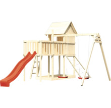 Spielturm aus Holz mit Rutsche und Schaukel