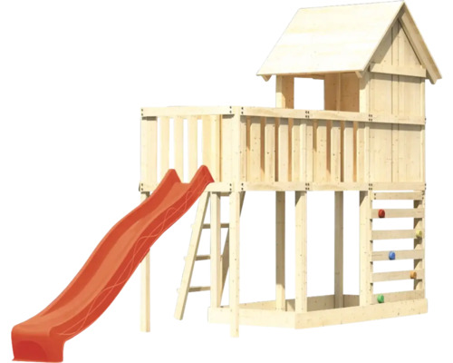 Spielturm aus Holz mit Rutsche und Kletterwand