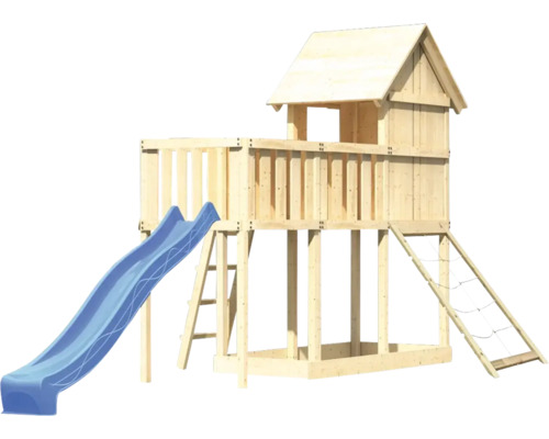 Spielturm aus Holz mit Rutsche, Leiter und Kletternetz für den Garten