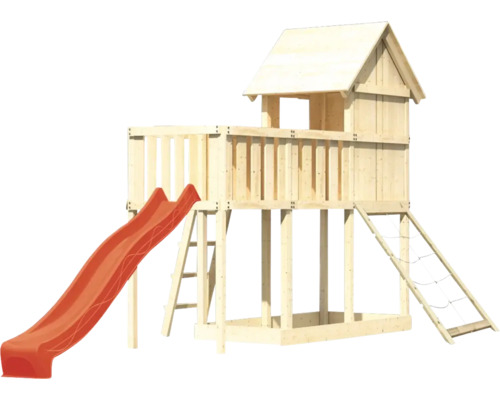 Spielturm aus Holz mit Rutsche, Leiter und Kletternetz