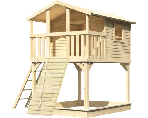 Spielhaus aus Holz mit Sandkasten, Leiter und Kletterseil