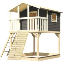 Holzspielhaus mit Leiter und Sandkasten