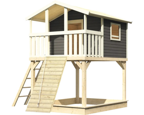 Holzspielhaus mit Leiter und Sandkasten