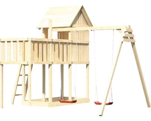 Holzspielturm mit zwei Schaukeln und Leiter für den Garten