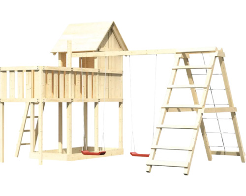 Holzspielplatz mit Schaukeln, Leiter und Spielhaus
