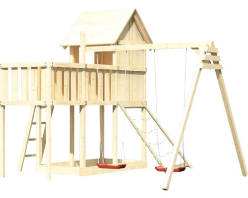 Spielturm aus Holz mit Schaukel und Kletterwand