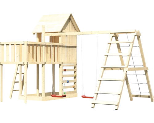 Spielturm aus Holz mit Schaukel, Kletterwand und Leiter