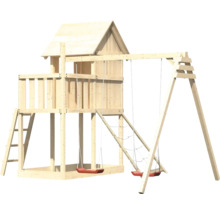Spielturm mit Schaukel und Kletternetz aus Holz