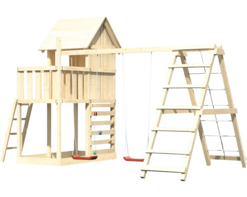 Spielturm aus Holz mit Schaukel, Kletterwand und Leiter