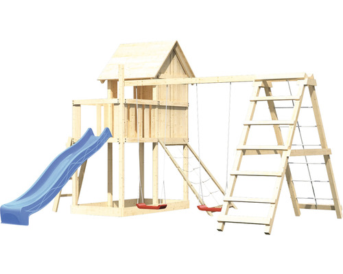 Spielturm aus Holz mit Rutsche, Schaukeln und Kletterleiter