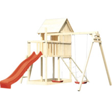 Spielturm aus Holz mit Rutsche und Schaukel