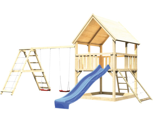 Spielplatz mit Turm, Schaukel und Rutsche aus Holz